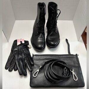 Black Leather Combat Boots, Purse and Gloves Set